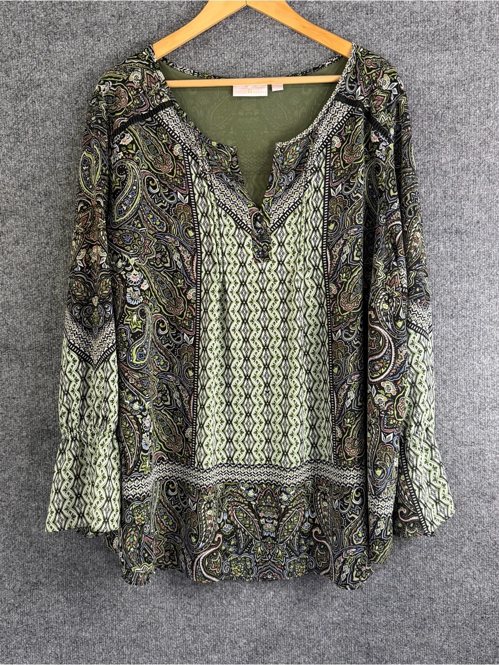 Belle Kim Gravel Womens 3X Boho Top Green Paisley Long Sleeve Office Casual